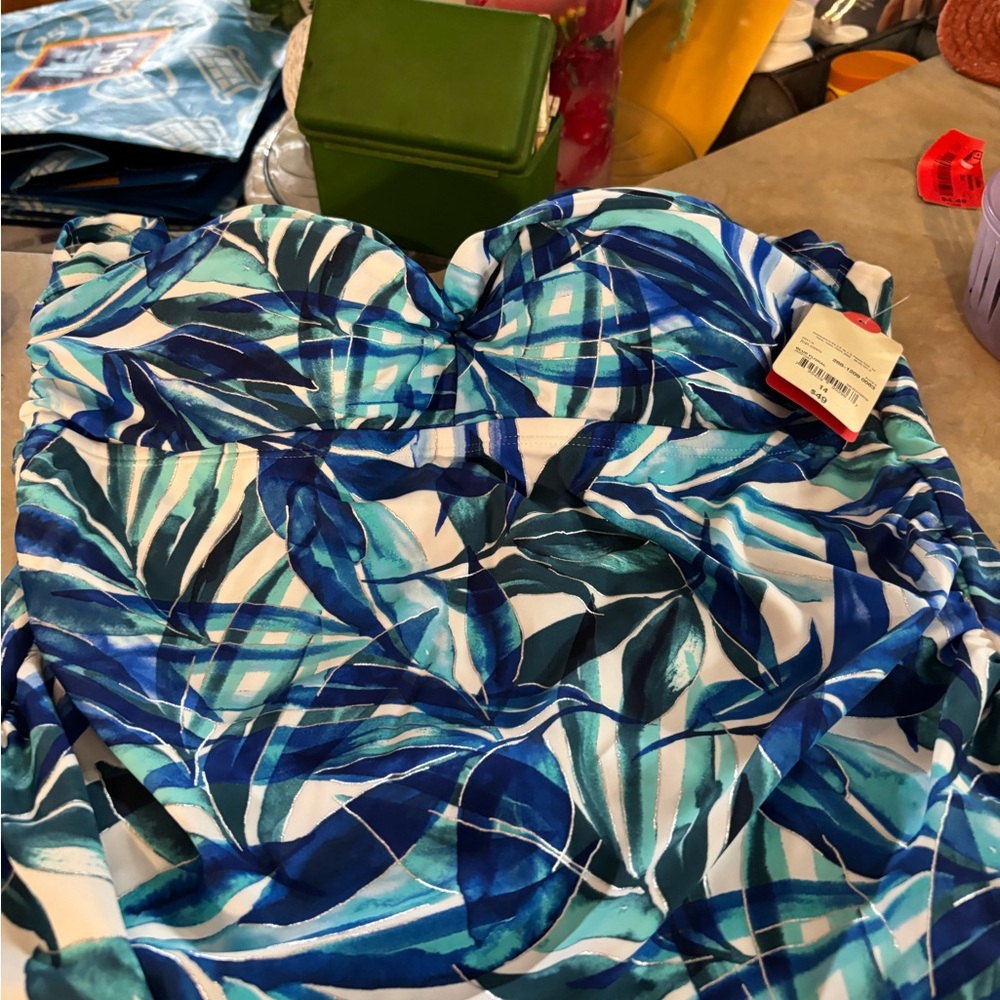 Blue and Green Leaf Print Swimsuit